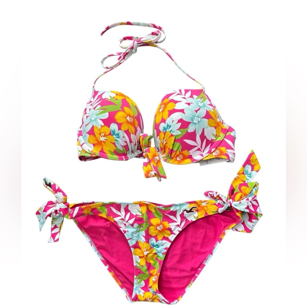 Hollister Push Up Bikini Sz M Hawaiian Floral Pink White Cheeky Bottom Underwire